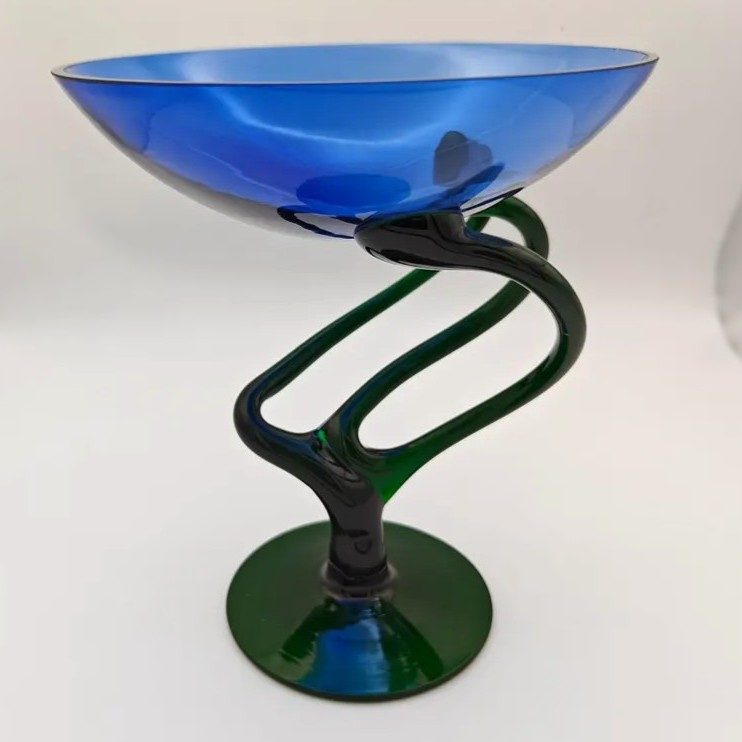 Josefina Krosno jellyfish bonbon glass dish in blue and green with tripod leg stand