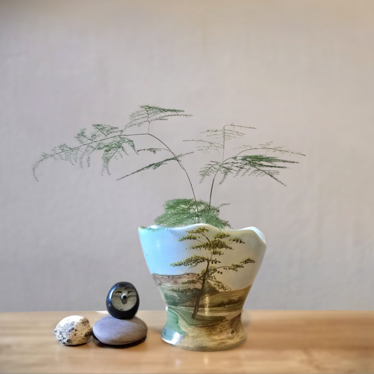 Exmoor pottery eggshell vase - studio pottery vase with landscape decoration. Plant pot with fern. Devon potteries.